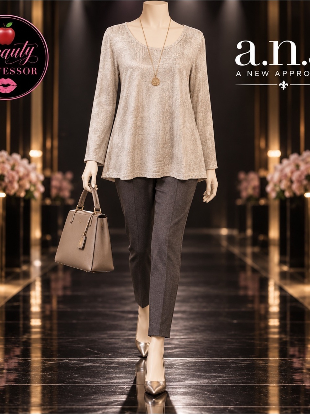 a.n.a A New Approach XL Champagne Metallic Shimmer Long Sleeve Tunic Top